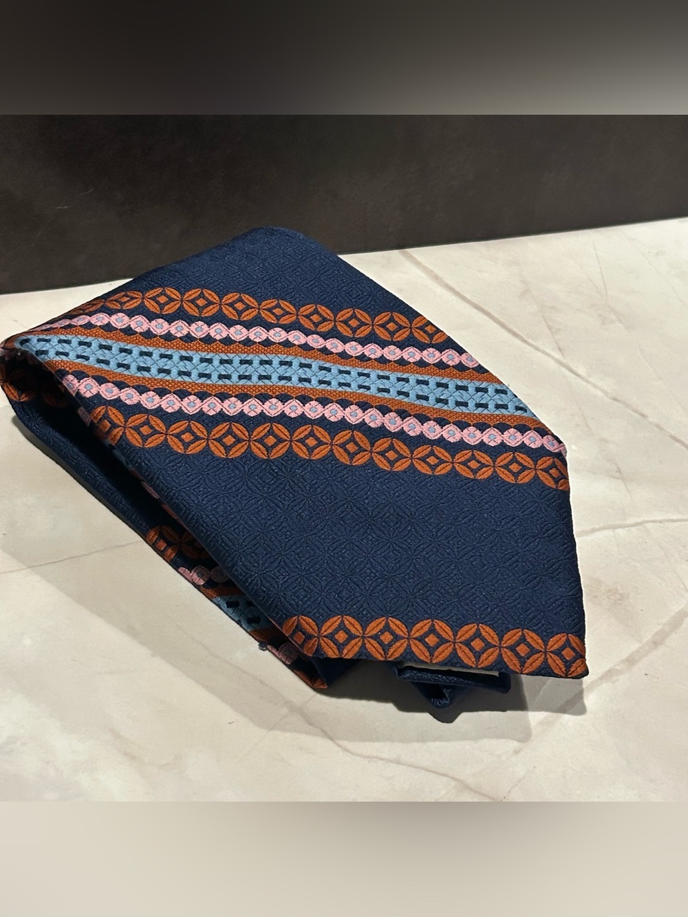 Brittania Men's Navy 56” Tie with Orange and Pink Stripe Detail